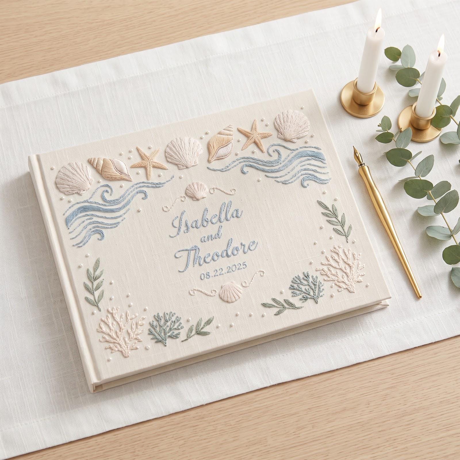 Handmade Embroidered Beach Wedding Guest Book and Personalized Linen Sea Theme Guestbook Album with Coastal Polaroid Photo Keepsake Reception Gift - photo 2