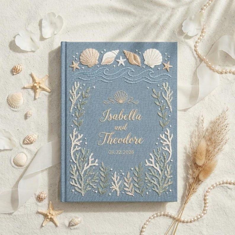 Handmade Embroidered Beach Wedding Guest Book and Personalized Linen Sea Theme Guestbook Album with Coastal Polaroid Photo Keepsake Reception Gift - photo 3