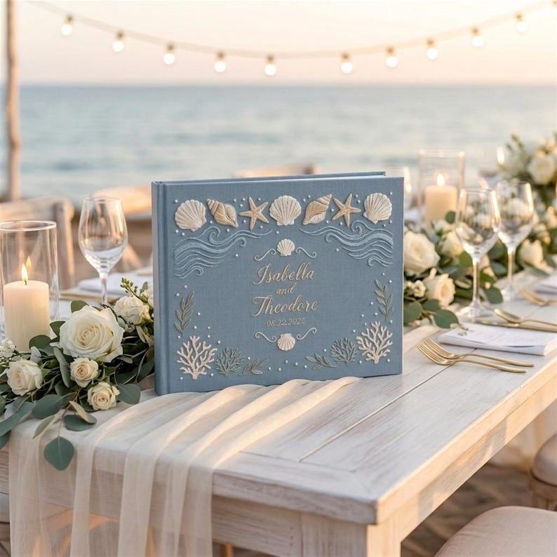 Handmade Embroidered Beach Wedding Guest Book and Personalized Linen Sea Theme Guestbook Album with Coastal Polaroid Photo Keepsake Reception Gift - photo 10
