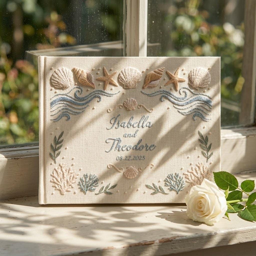 Handmade Embroidered Beach Wedding Guest Book and Personalized Linen Sea Theme Guestbook Album with Coastal Polaroid Photo Keepsake Reception Gift - photo 11