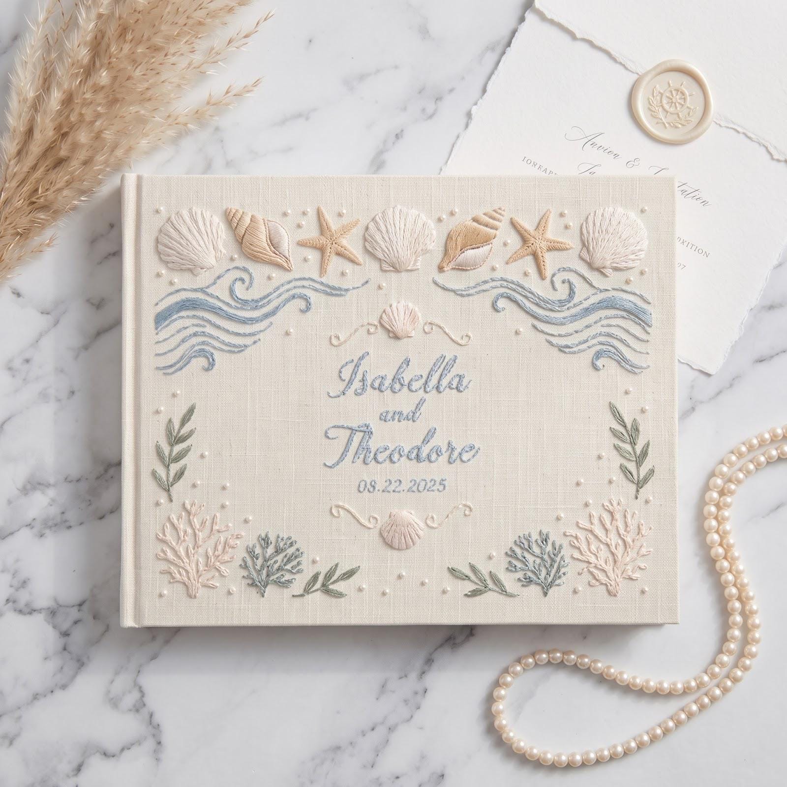 Handmade Embroidered Beach Wedding Guest Book and Personalized Linen Sea Theme Guestbook Album with Coastal Polaroid Photo Keepsake Reception Gift - photo 13