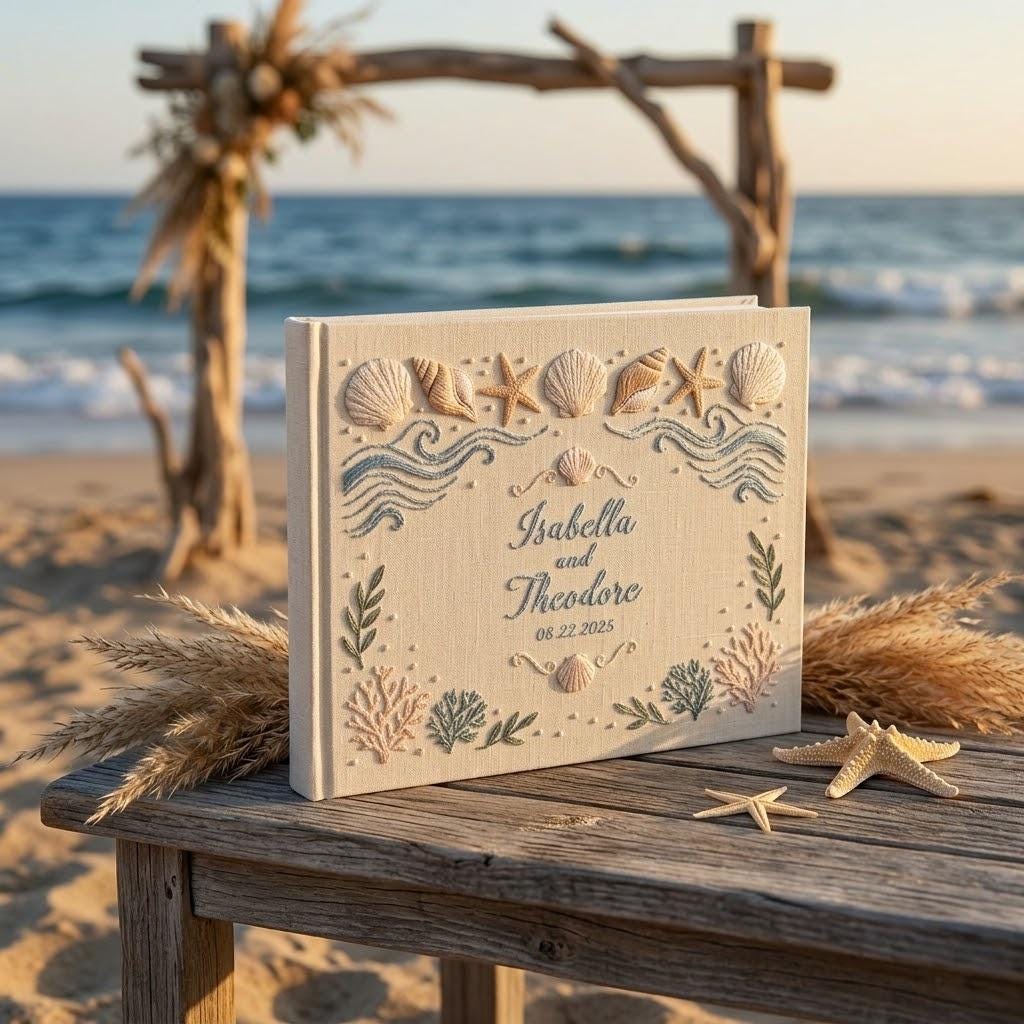 Handmade Embroidered Beach Wedding Guest Book and Personalized Linen Sea Theme Guestbook Album with Coastal Polaroid Photo Keepsake Reception Gift - photo 14