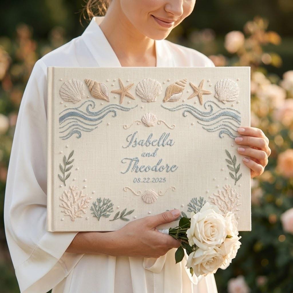 Handmade Embroidered Beach Wedding Guest Book and Personalized Linen Sea Theme Guestbook Album with Coastal Polaroid Photo Keepsake Reception Gift - photo 15