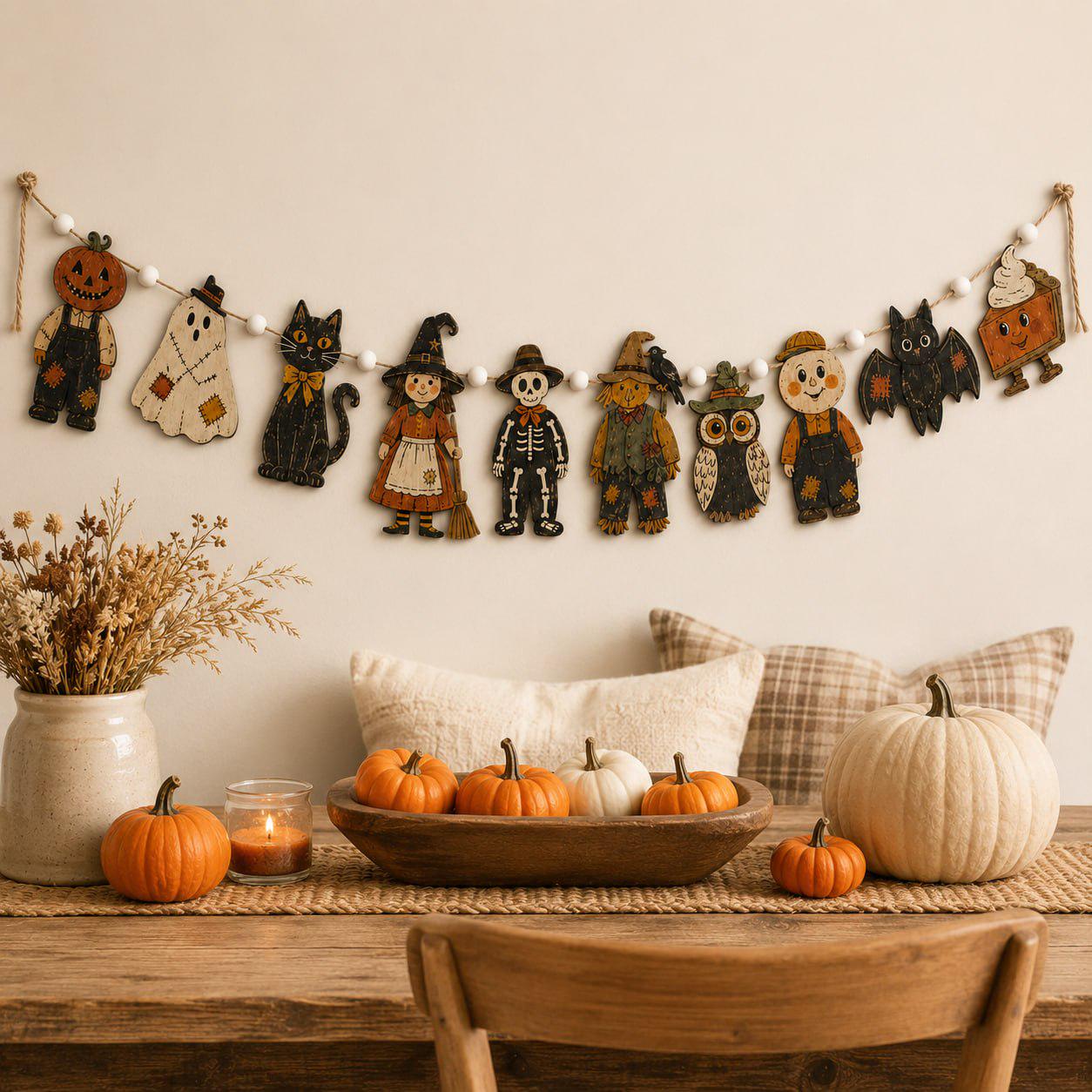 Vintage Pumpkin Ghost Witch Cat and Skeleton Wooden Halloween Garland Banner for Spooky Rustic Fall Stair and Mantel Decor