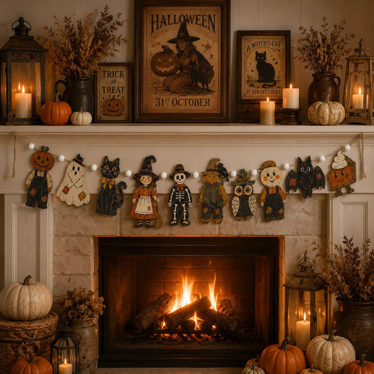 Vintage Pumpkin Ghost Witch Cat and Skeleton Wooden Halloween Garland Banner for Spooky Rustic Fall Stair and Mantel Decor - photo 2