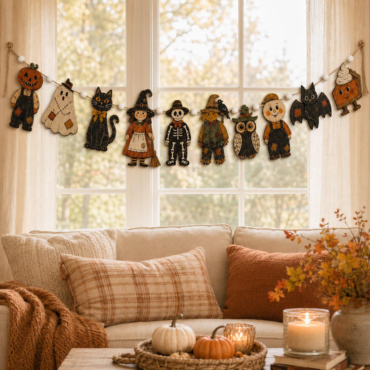 Vintage Pumpkin Ghost Witch Cat and Skeleton Wooden Halloween Garland Banner for Spooky Rustic Fall Stair and Mantel Decor - photo 3