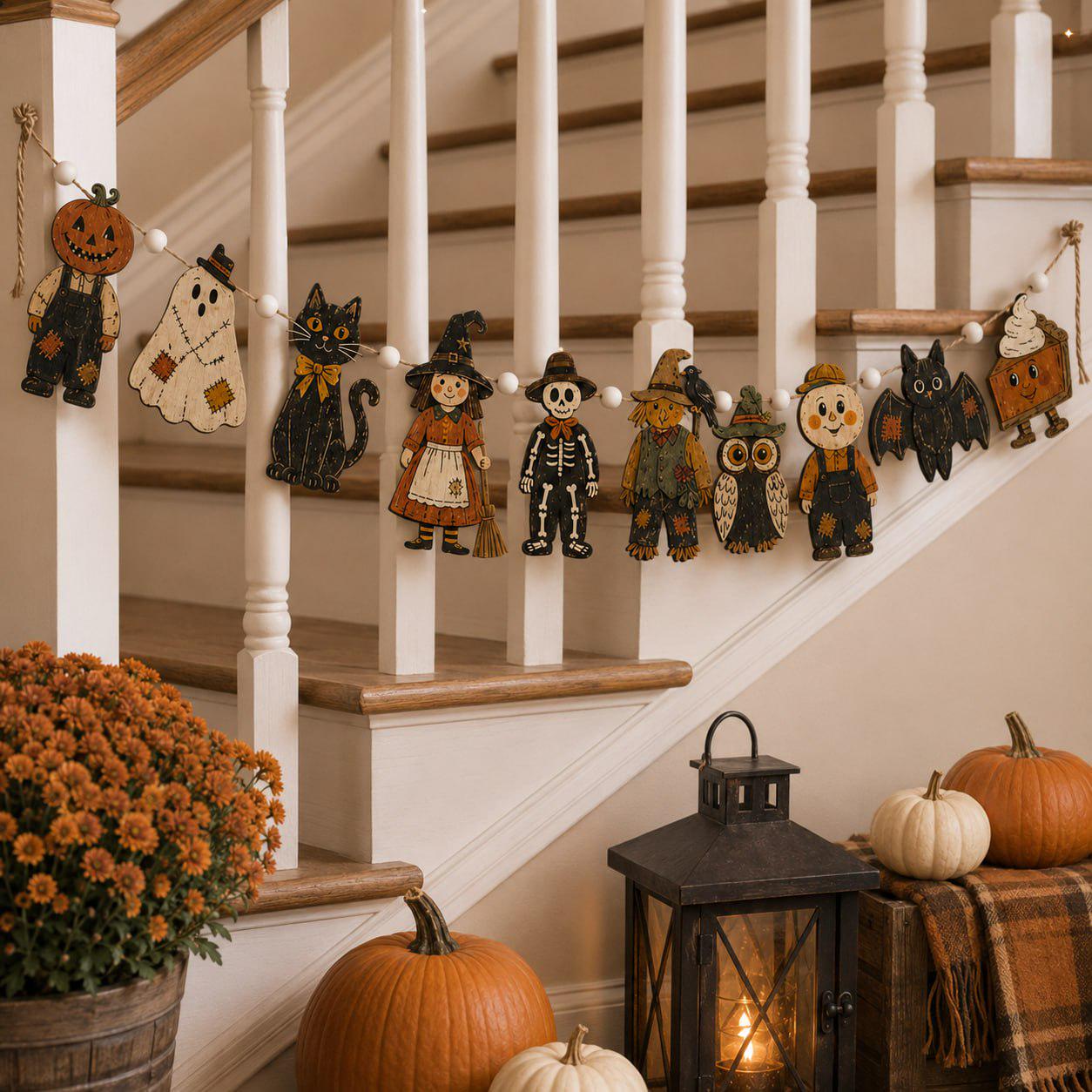Vintage Pumpkin Ghost Witch Cat and Skeleton Wooden Halloween Garland Banner for Spooky Rustic Fall Stair and Mantel Decor - photo 5