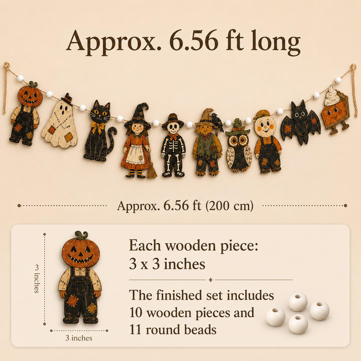 Vintage Pumpkin Ghost Witch Cat and Skeleton Wooden Halloween Garland Banner for Spooky Rustic Fall Stair and Mantel Decor - photo 7