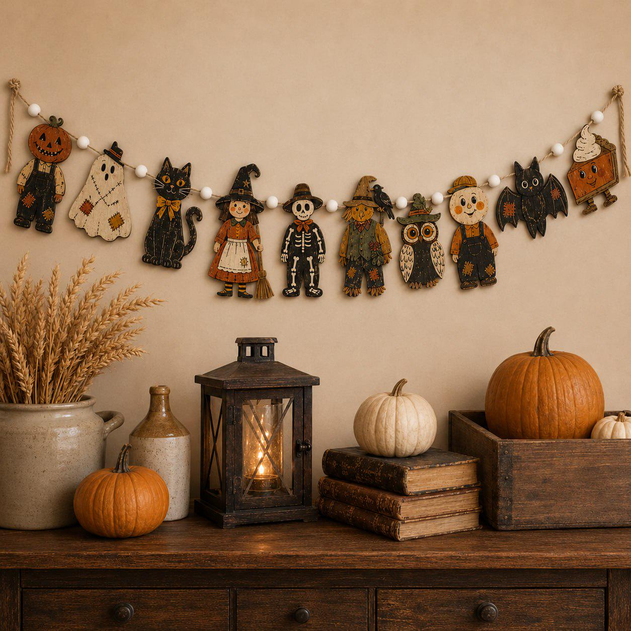 Vintage Pumpkin Ghost Witch Cat and Skeleton Wooden Halloween Garland Banner for Spooky Rustic Fall Stair and Mantel Decor - photo 8