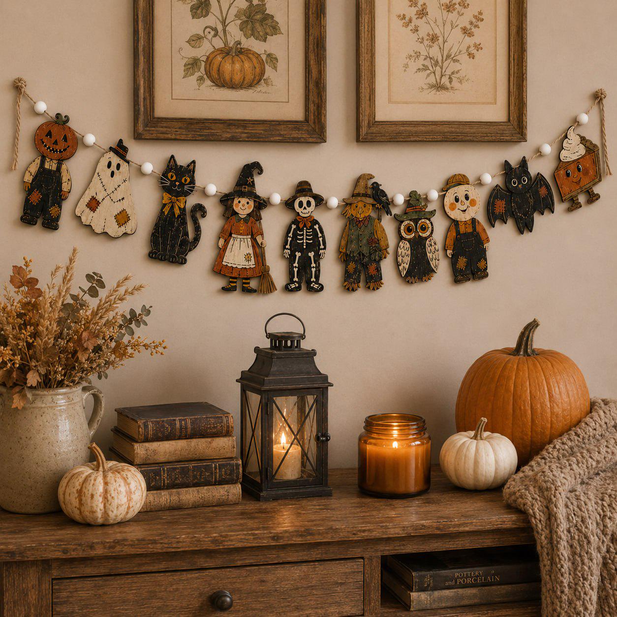 Vintage Pumpkin Ghost Witch Cat and Skeleton Wooden Halloween Garland Banner for Spooky Rustic Fall Stair and Mantel Decor - photo 9