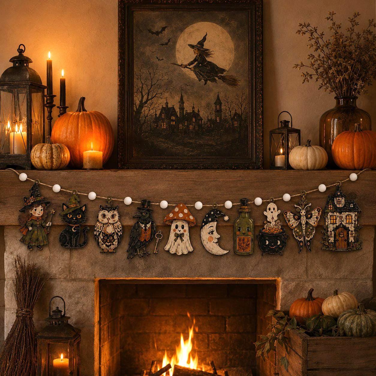 Vintage Spooky Charm Wooden Halloween Garland Banner with Witch Cat Owl Ghost Mushroom and Moon for Rustic Mantel Decor