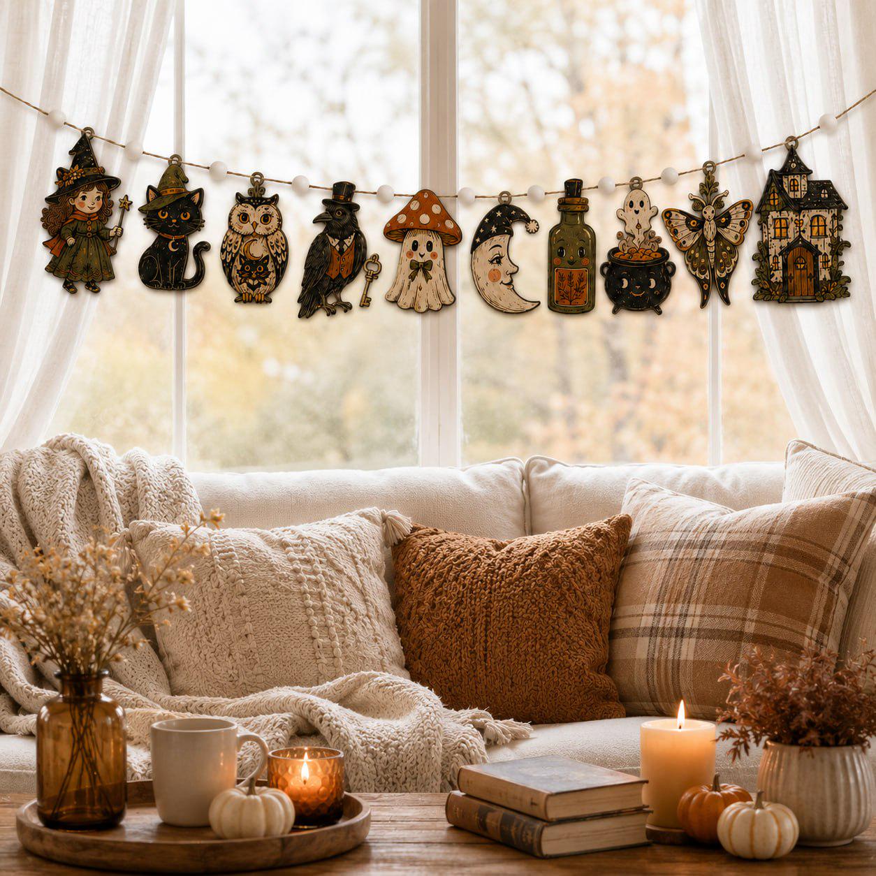 Vintage Spooky Charm Wooden Halloween Garland Banner with Witch Cat Owl Ghost Mushroom and Moon for Rustic Mantel Decor - photo 2