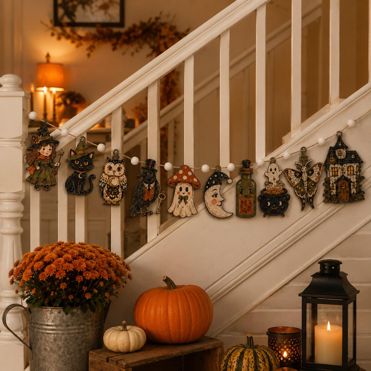 Vintage Spooky Charm Wooden Halloween Garland Banner with Witch Cat Owl Ghost Mushroom and Moon for Rustic Mantel Decor - photo 3