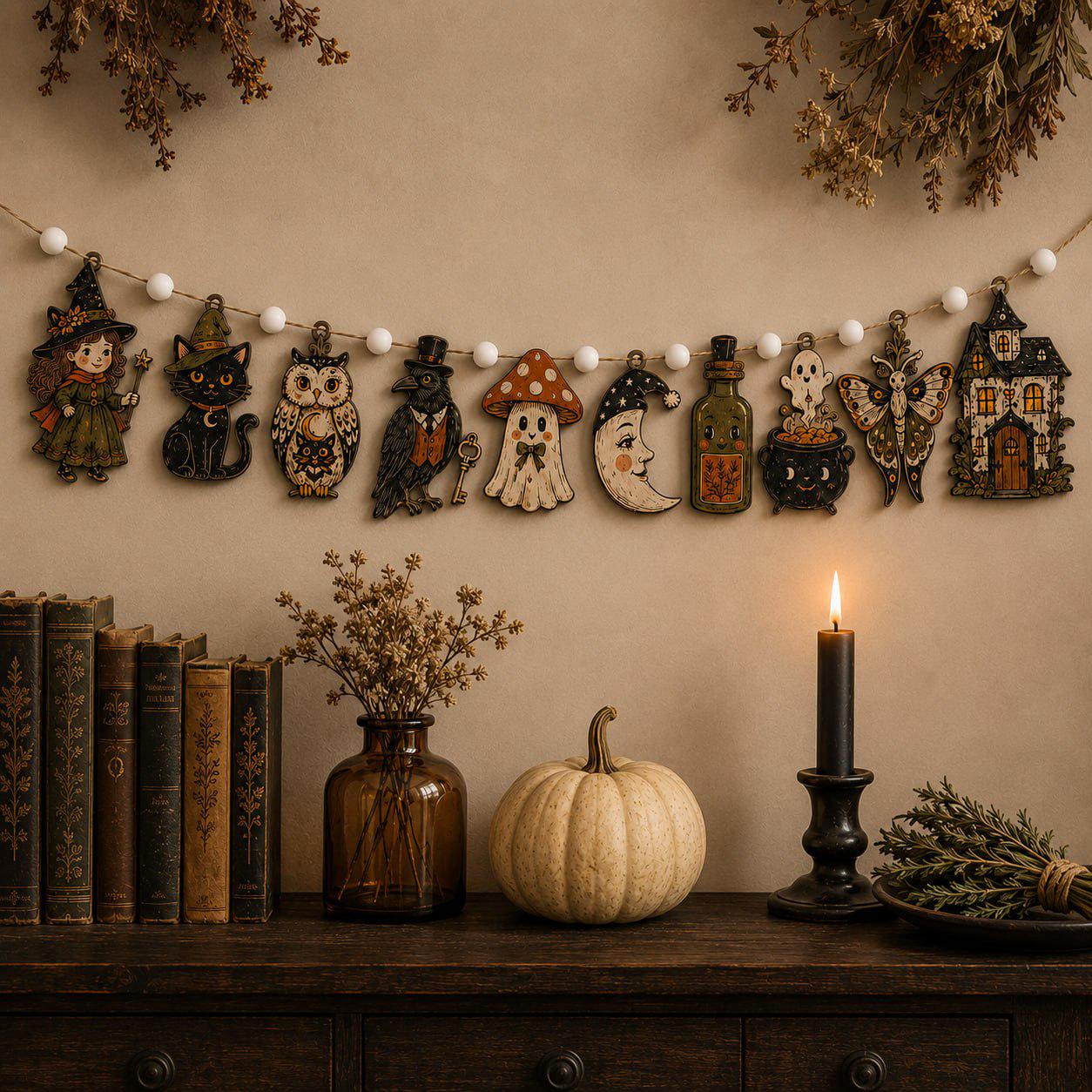 Vintage Spooky Charm Wooden Halloween Garland Banner with Witch Cat Owl Ghost Mushroom and Moon for Rustic Mantel Decor - photo 4
