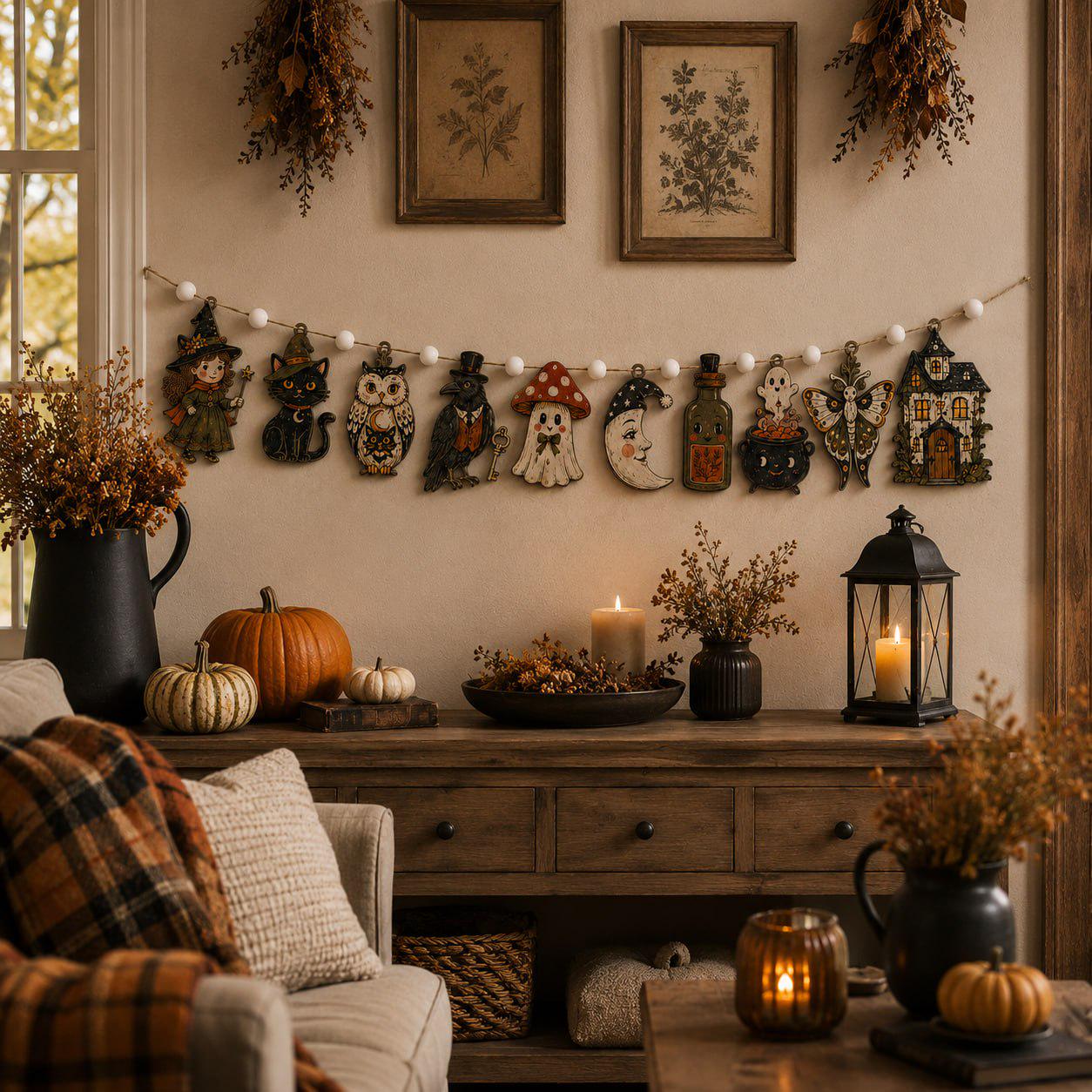 Vintage Spooky Charm Wooden Halloween Garland Banner with Witch Cat Owl Ghost Mushroom and Moon for Rustic Mantel Decor - photo 7