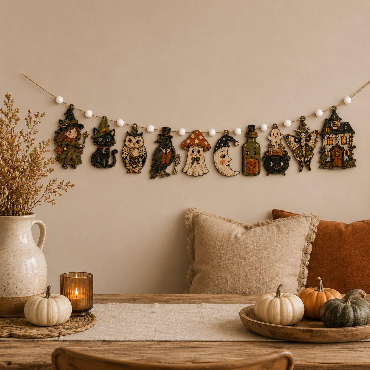 Vintage Spooky Charm Wooden Halloween Garland Banner with Witch Cat Owl Ghost Mushroom and Moon for Rustic Mantel Decor - photo 8