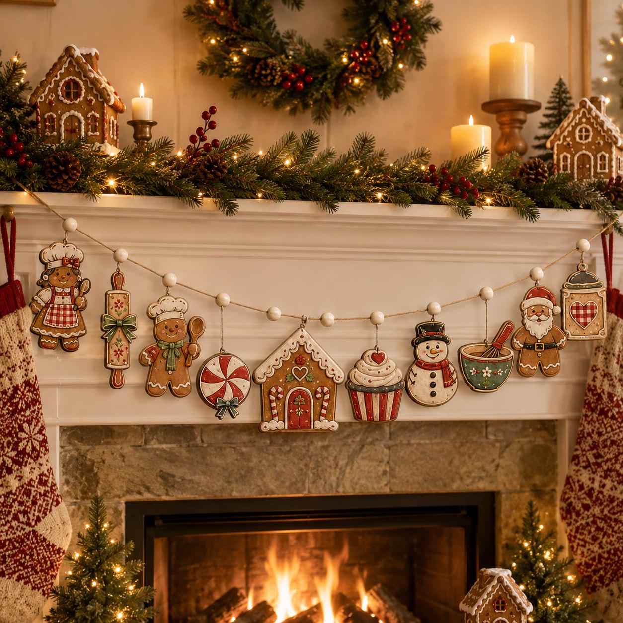 Christmas Wooden Garland Charm Banner with Gingerbread Candy Cane Snowman and Santa for Rustic Holiday Mantel and Winter Kitchen Decor