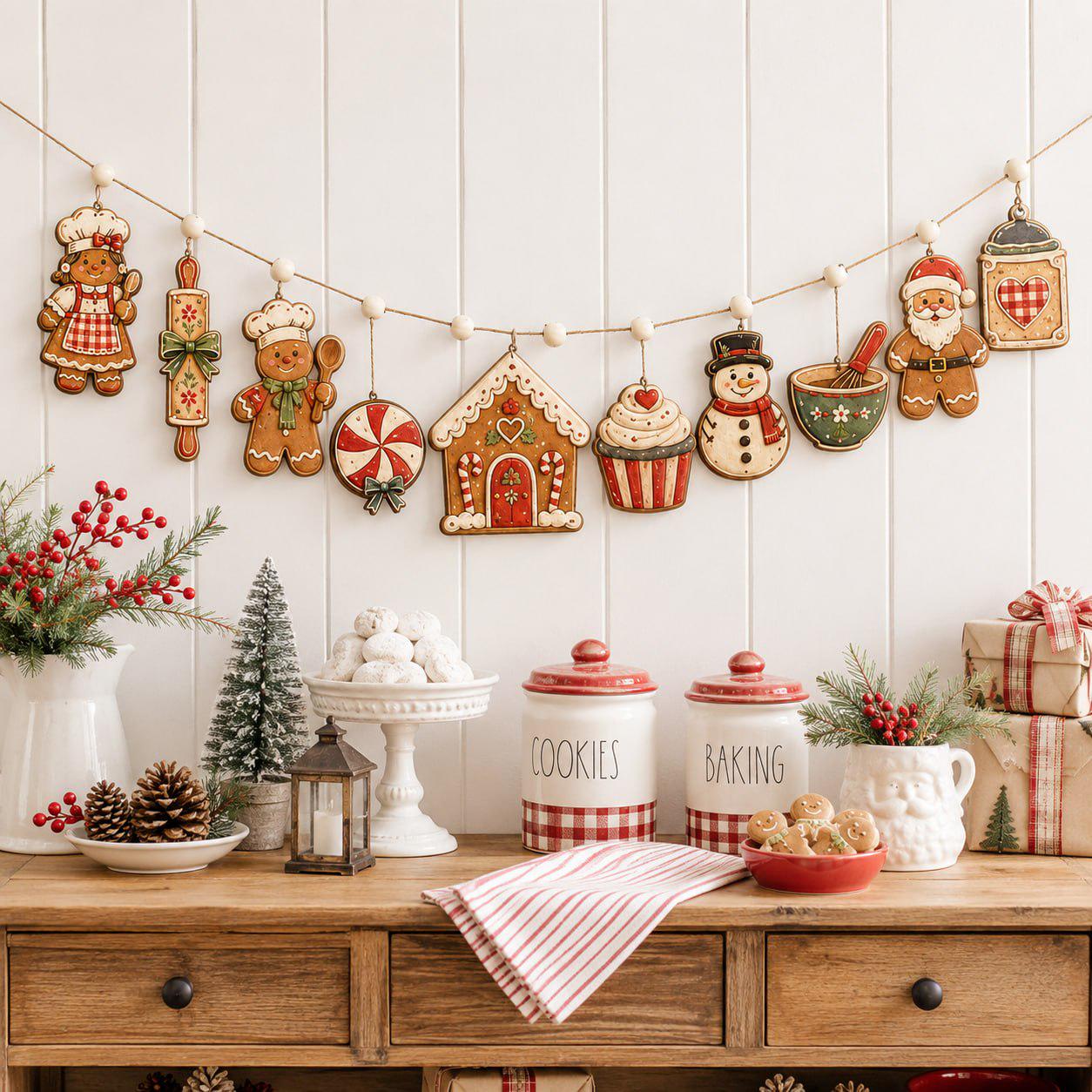 Christmas Wooden Garland Charm Banner with Gingerbread Candy Cane Snowman and Santa for Rustic Holiday Mantel and Winter Kitchen Decor - photo 2