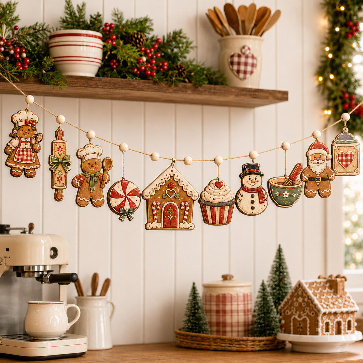 Christmas Wooden Garland Charm Banner with Gingerbread Candy Cane Snowman and Santa for Rustic Holiday Mantel and Winter Kitchen Decor - photo 3
