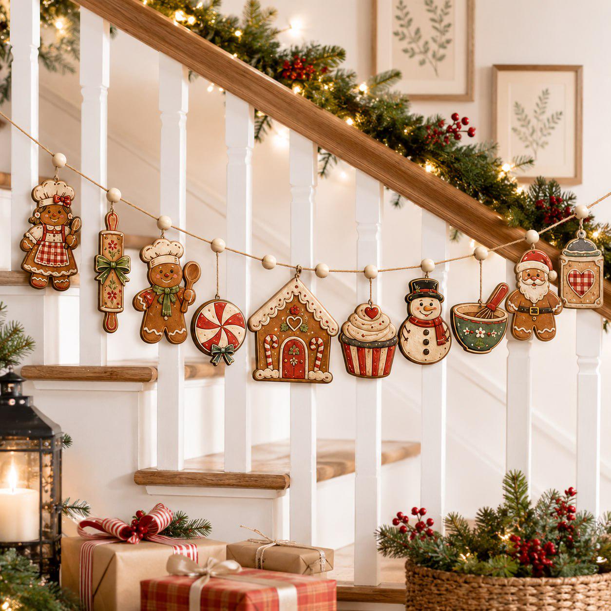 Christmas Wooden Garland Charm Banner with Gingerbread Candy Cane Snowman and Santa for Rustic Holiday Mantel and Winter Kitchen Decor - photo 4