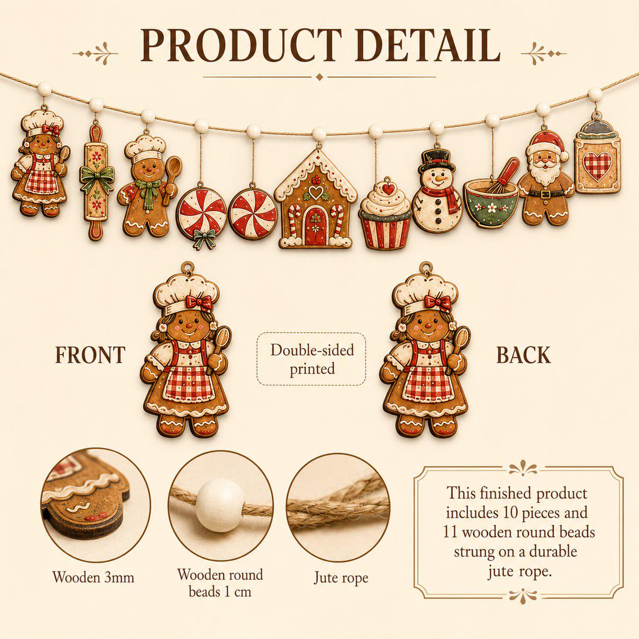 Christmas Wooden Garland Charm Banner with Gingerbread Candy Cane Snowman and Santa for Rustic Holiday Mantel and Winter Kitchen Decor - photo 5