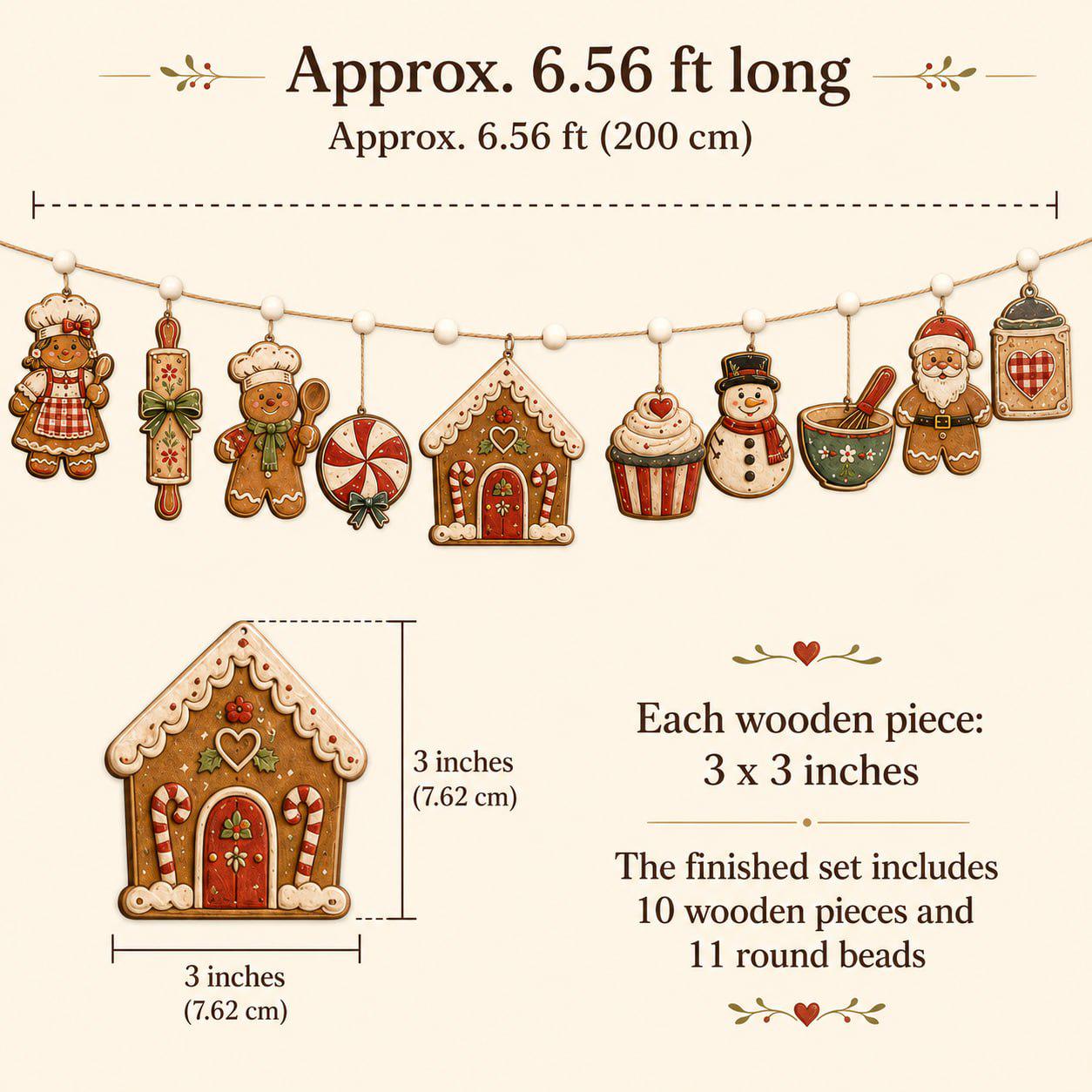 Christmas Wooden Garland Charm Banner with Gingerbread Candy Cane Snowman and Santa for Rustic Holiday Mantel and Winter Kitchen Decor - photo 6