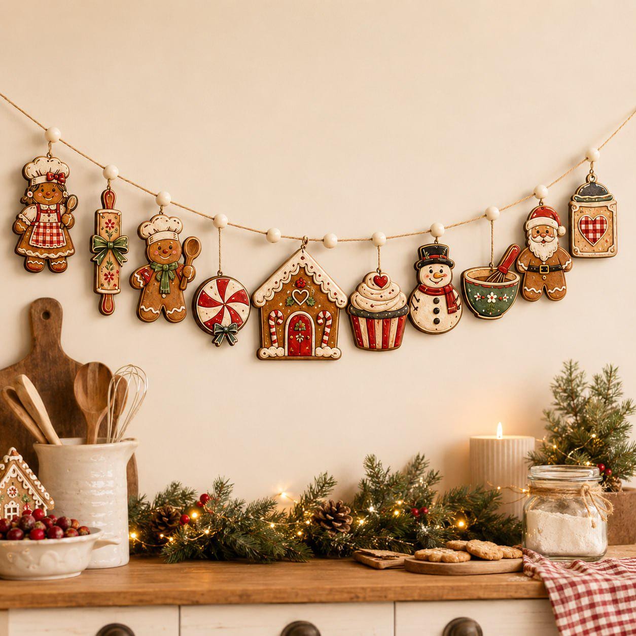 Christmas Wooden Garland Charm Banner with Gingerbread Candy Cane Snowman and Santa for Rustic Holiday Mantel and Winter Kitchen Decor - photo 7