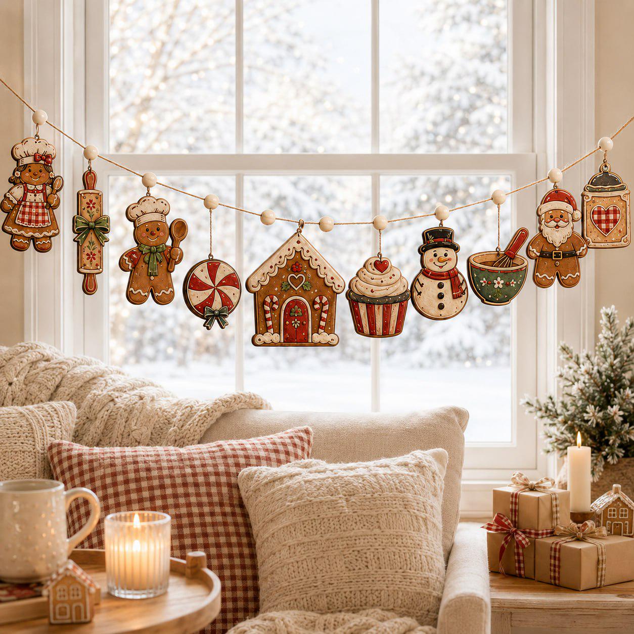 Christmas Wooden Garland Charm Banner with Gingerbread Candy Cane Snowman and Santa for Rustic Holiday Mantel and Winter Kitchen Decor - photo 8