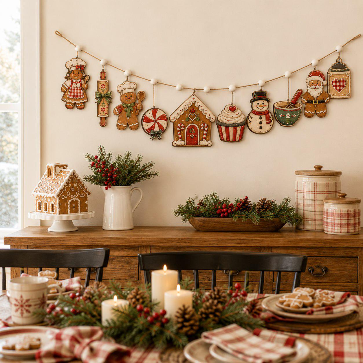 Christmas Wooden Garland Charm Banner with Gingerbread Candy Cane Snowman and Santa for Rustic Holiday Mantel and Winter Kitchen Decor - photo 9