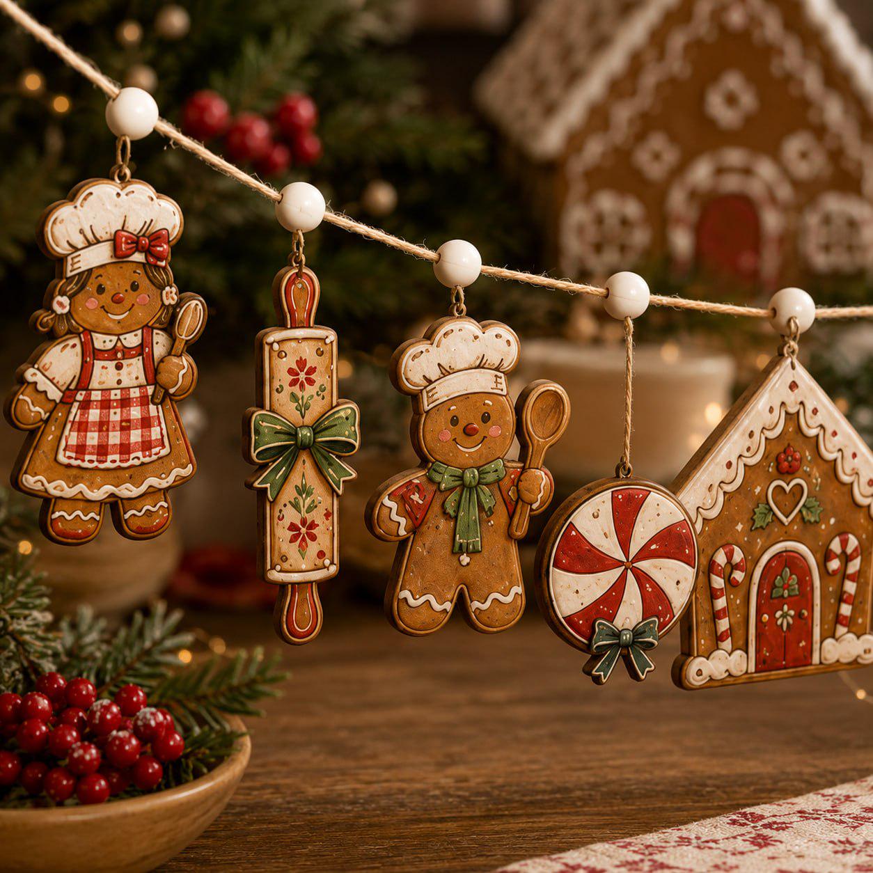 Christmas Wooden Garland Charm Banner with Gingerbread Candy Cane Snowman and Santa for Rustic Holiday Mantel and Winter Kitchen Decor - photo 10