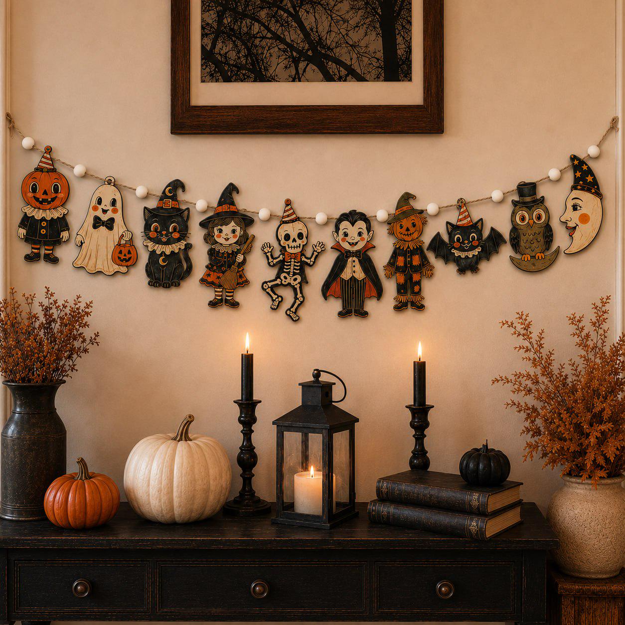 Vintage Pumpkin Ghost Witch Cat and Skeleton Charm Wooden Halloween Garland Banner for Spooky Rustic Fall Mantel Decor