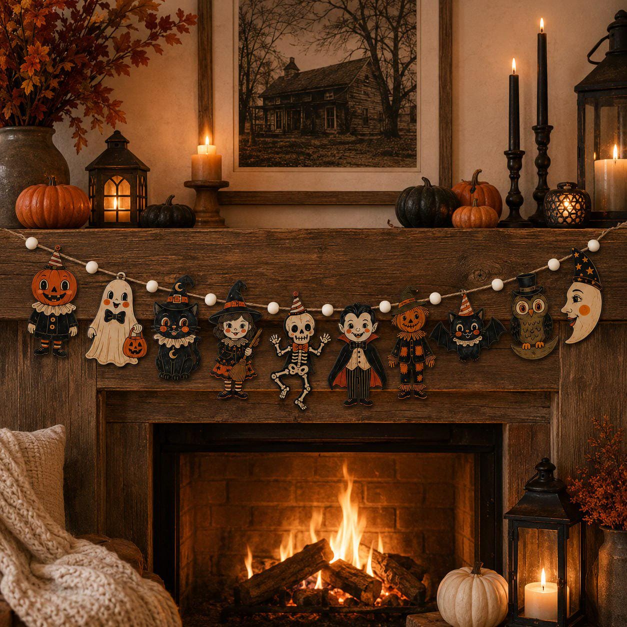 Vintage Pumpkin Ghost Witch Cat and Skeleton Charm Wooden Halloween Garland Banner for Spooky Rustic Fall Mantel Decor - photo 2