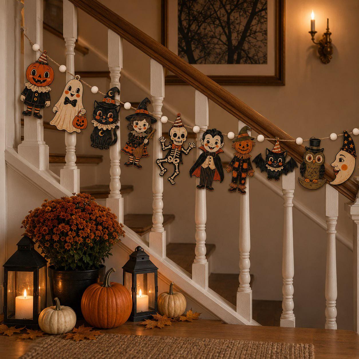 Vintage Pumpkin Ghost Witch Cat and Skeleton Charm Wooden Halloween Garland Banner for Spooky Rustic Fall Mantel Decor - photo 4