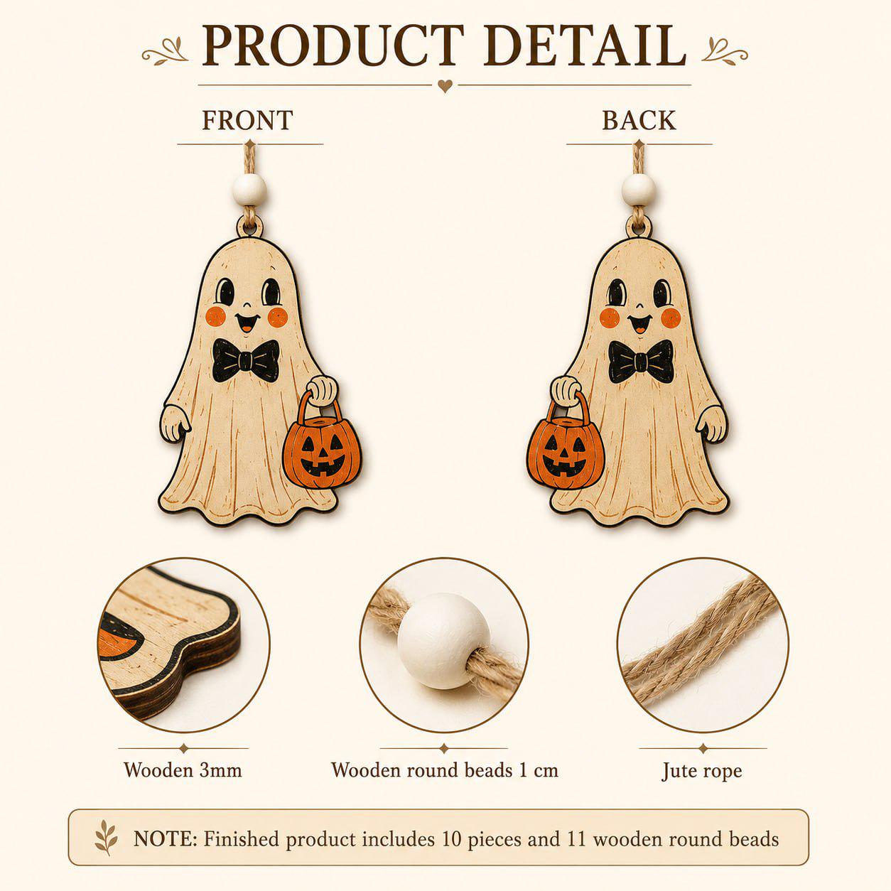 Vintage Pumpkin Ghost Witch Cat and Skeleton Charm Wooden Halloween Garland Banner for Spooky Rustic Fall Mantel Decor - photo 5