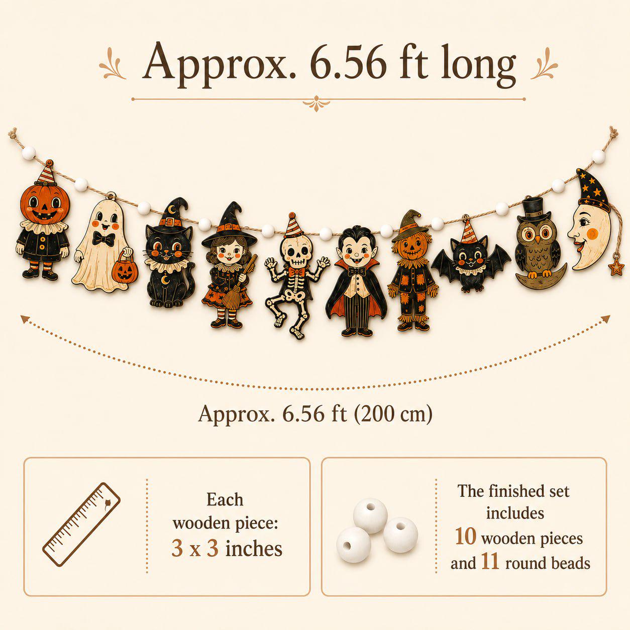 Vintage Pumpkin Ghost Witch Cat and Skeleton Charm Wooden Halloween Garland Banner for Spooky Rustic Fall Mantel Decor - photo 6
