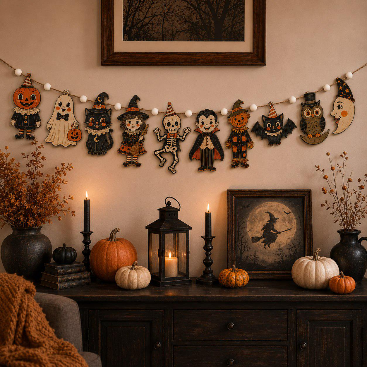 Vintage Pumpkin Ghost Witch Cat and Skeleton Charm Wooden Halloween Garland Banner for Spooky Rustic Fall Mantel Decor - photo 7