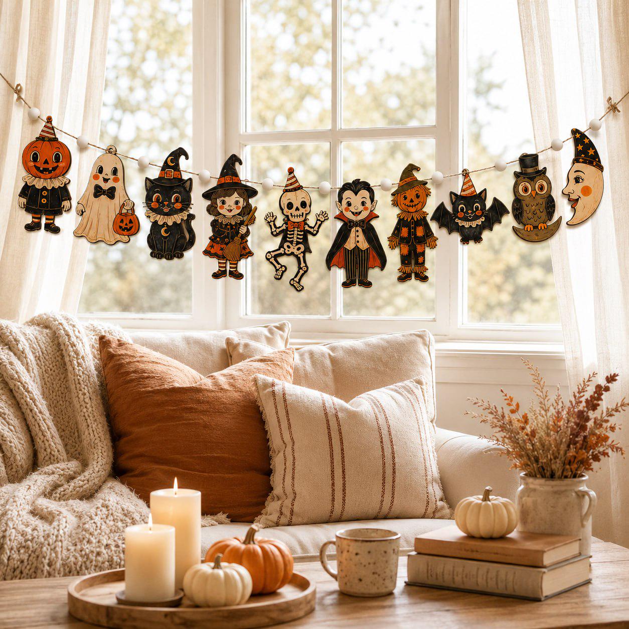 Vintage Pumpkin Ghost Witch Cat and Skeleton Charm Wooden Halloween Garland Banner for Spooky Rustic Fall Mantel Decor - photo 8