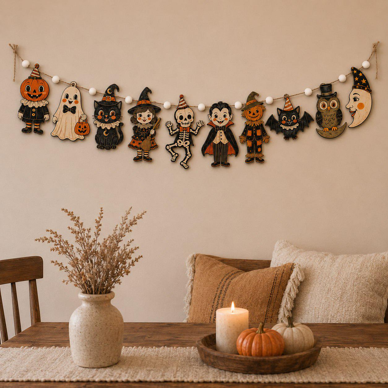 Vintage Pumpkin Ghost Witch Cat and Skeleton Charm Wooden Halloween Garland Banner for Spooky Rustic Fall Mantel Decor - photo 9