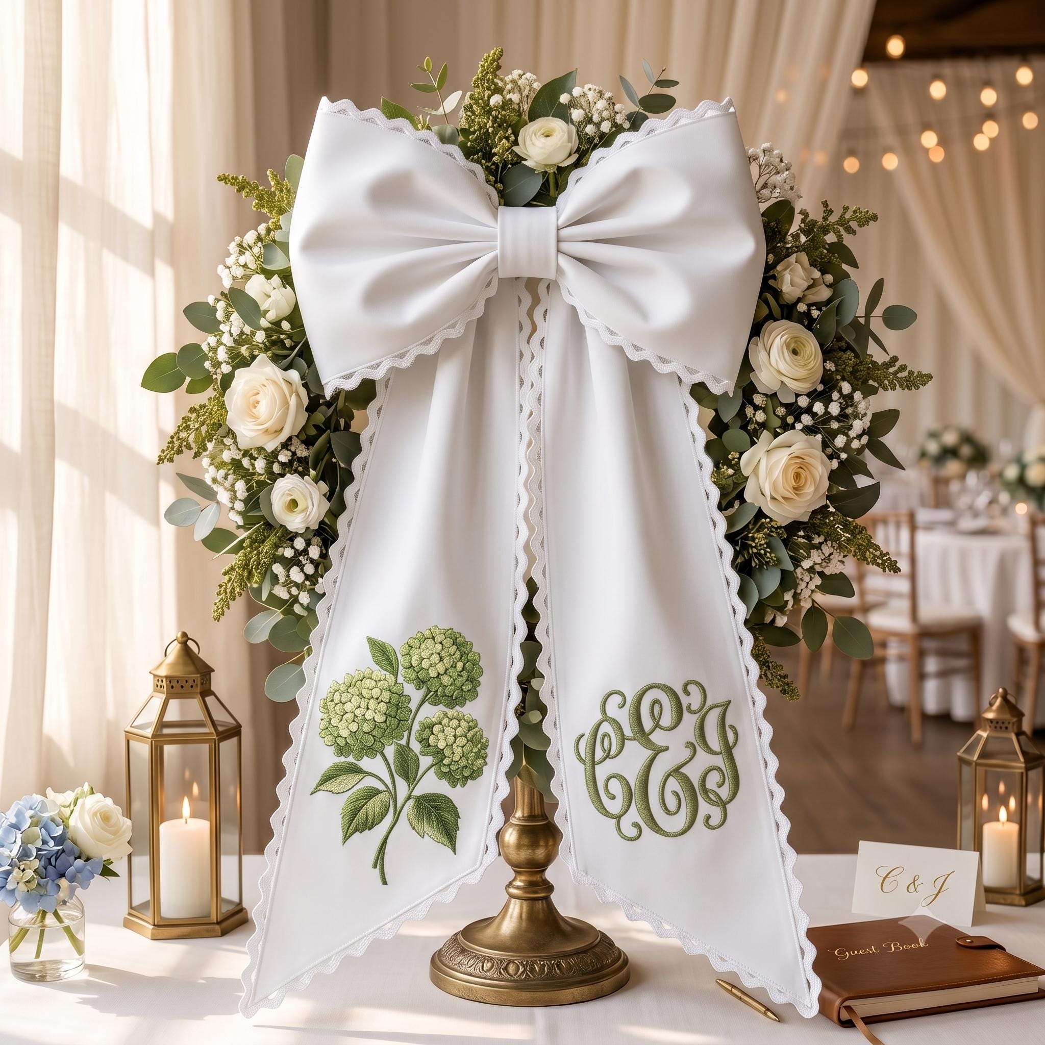 Hydrangea Wreath Sash with Embroidered Front Door Bow and Green Floral Ticking Stripe Wreath Decor Cottagecore Porch Decoration Housewarming Gift