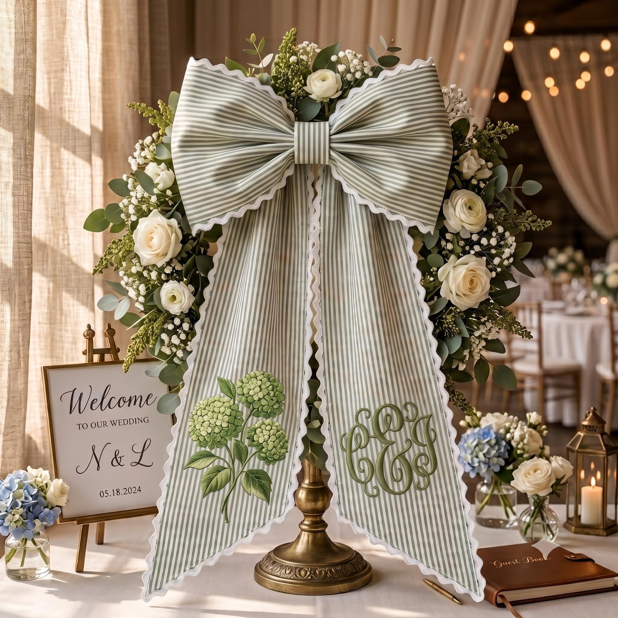 Hydrangea Wreath Sash with Embroidered Front Door Bow and Green Floral Ticking Stripe Wreath Decor Cottagecore Porch Decoration Housewarming Gift - photo 2