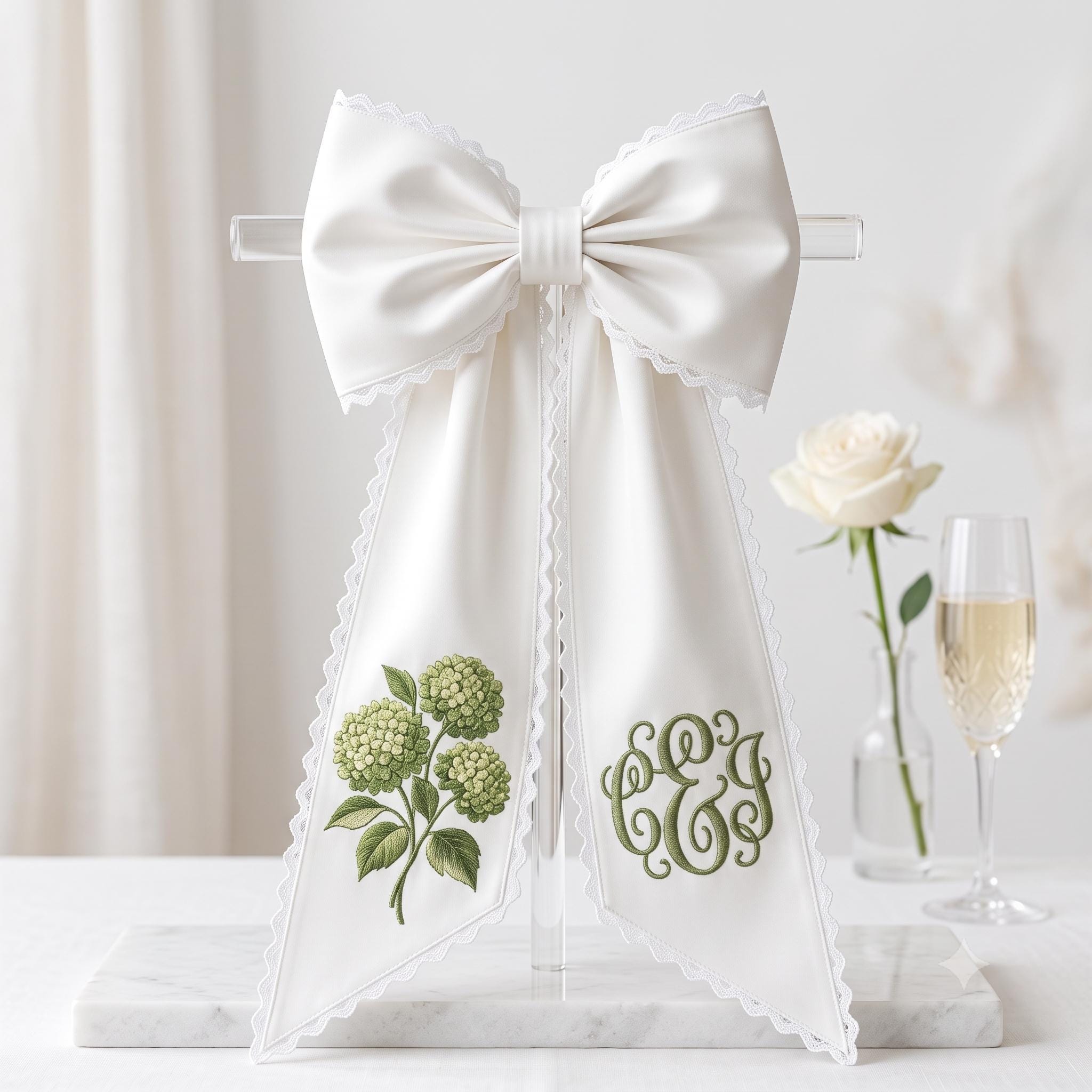 Hydrangea Wreath Sash with Embroidered Front Door Bow and Green Floral Ticking Stripe Wreath Decor Cottagecore Porch Decoration Housewarming Gift - photo 4