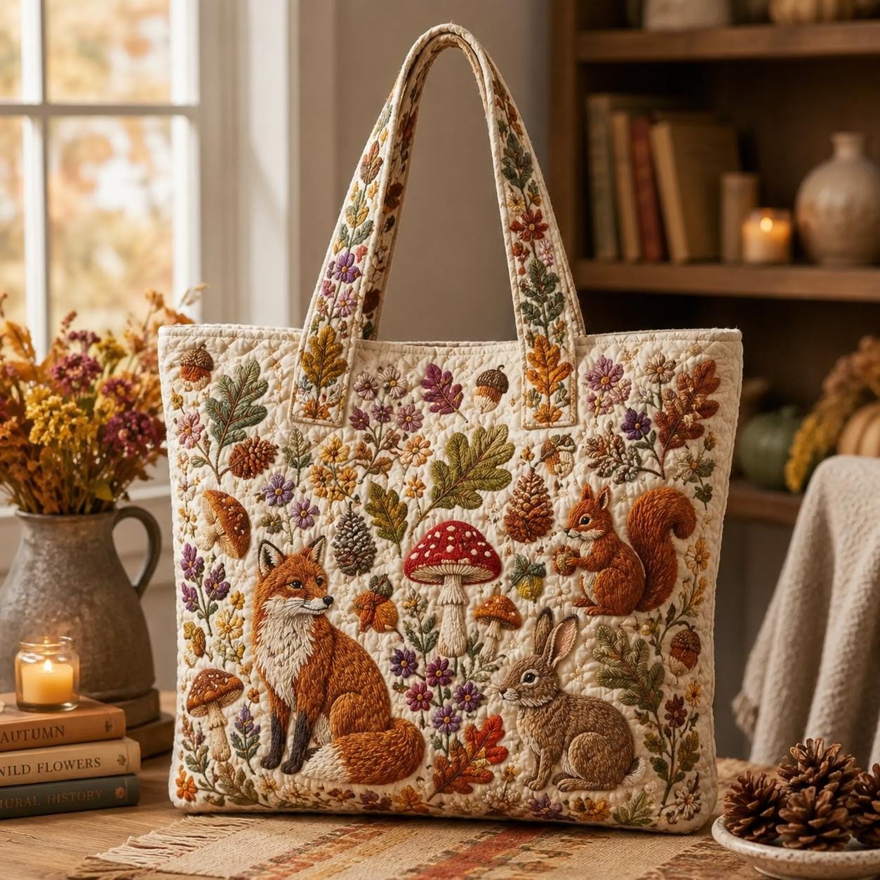 Personalized Autumn Fall Floral Mushroom Fox Hedgehog Patchwork Quilted Style Tote Bag – Custom Name Cozy Shoulder Bag Purse Gift for Her