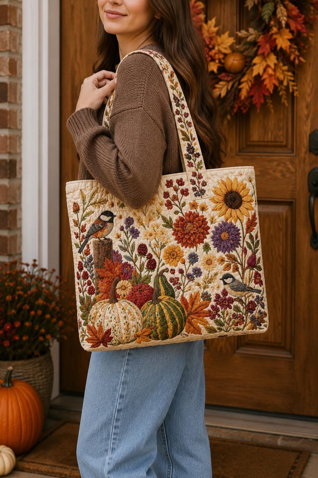 Personalized Autumn Fall Floral Mushroom Fox Hedgehog Patchwork Quilted Style Tote Bag – Custom Name Cozy Shoulder Bag Purse Gift for Her - photo 2