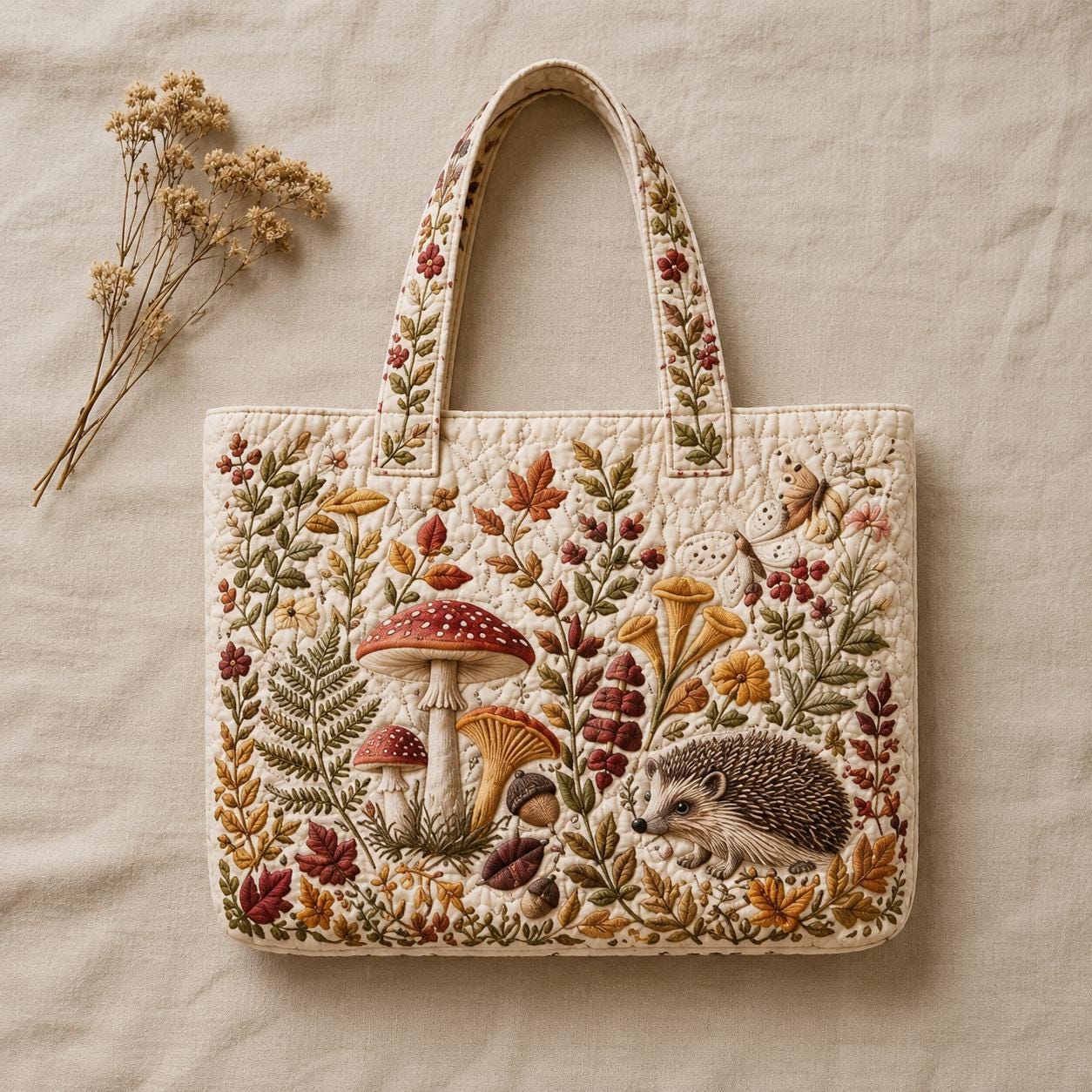 Personalized Autumn Fall Floral Mushroom Fox Hedgehog Patchwork Quilted Style Tote Bag – Custom Name Cozy Shoulder Bag Purse Gift for Her - photo 3