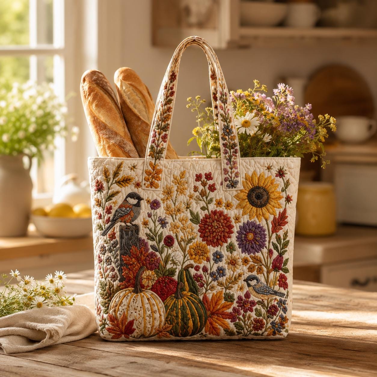 Personalized Autumn Fall Floral Mushroom Fox Hedgehog Patchwork Quilted Style Tote Bag – Custom Name Cozy Shoulder Bag Purse Gift for Her - photo 4