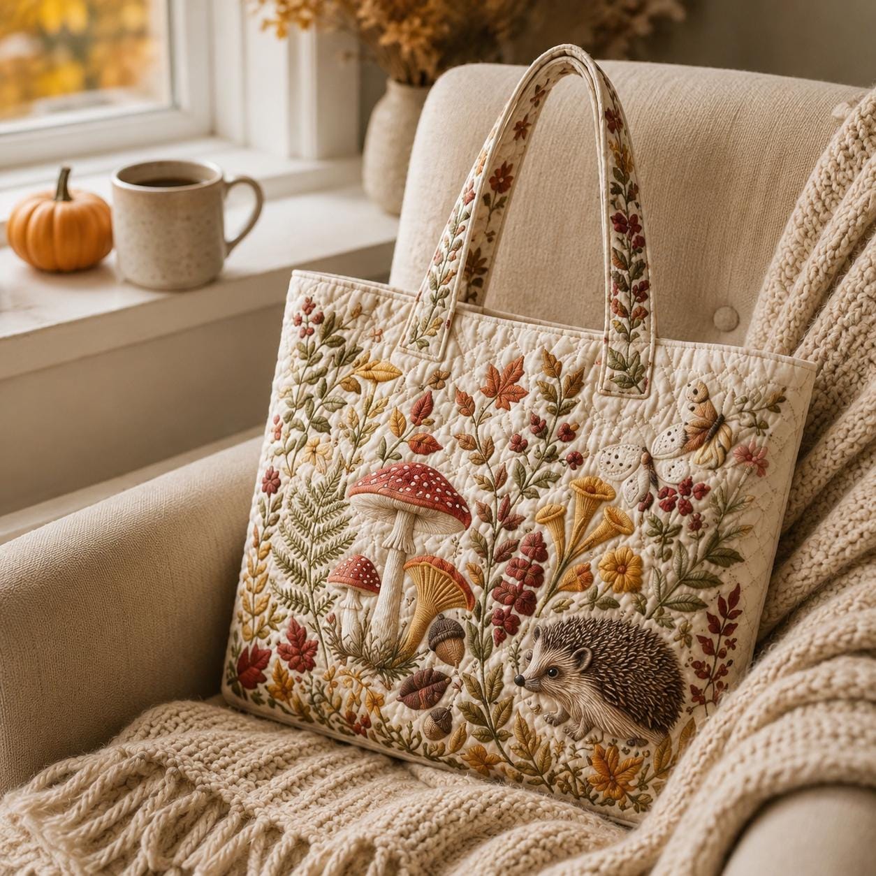 Personalized Autumn Fall Floral Mushroom Fox Hedgehog Patchwork Quilted Style Tote Bag – Custom Name Cozy Shoulder Bag Purse Gift for Her - photo 7