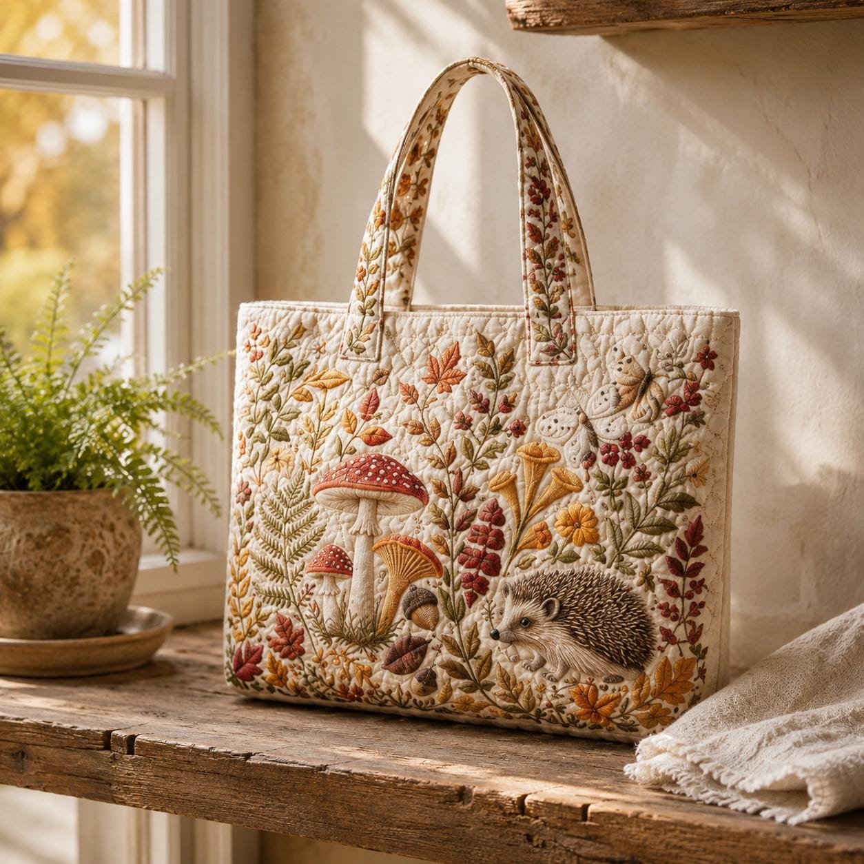 Personalized Autumn Fall Floral Mushroom Fox Hedgehog Patchwork Quilted Style Tote Bag – Custom Name Cozy Shoulder Bag Purse Gift for Her - photo 8
