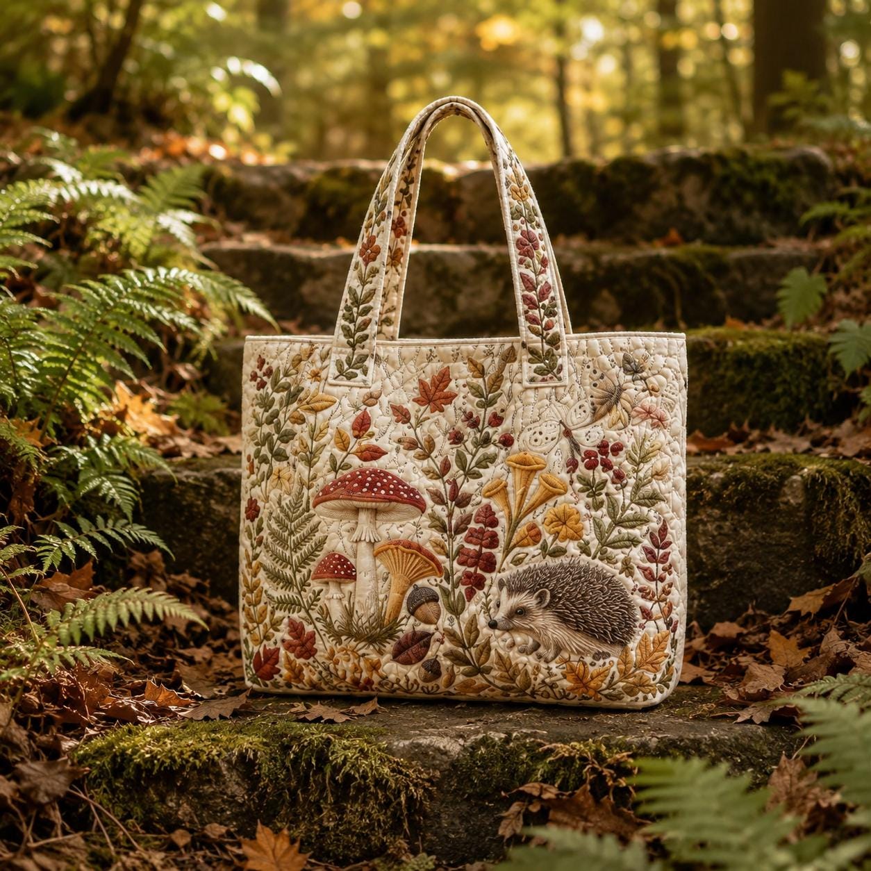 Personalized Autumn Fall Floral Mushroom Fox Hedgehog Patchwork Quilted Style Tote Bag – Custom Name Cozy Shoulder Bag Purse Gift for Her - photo 9