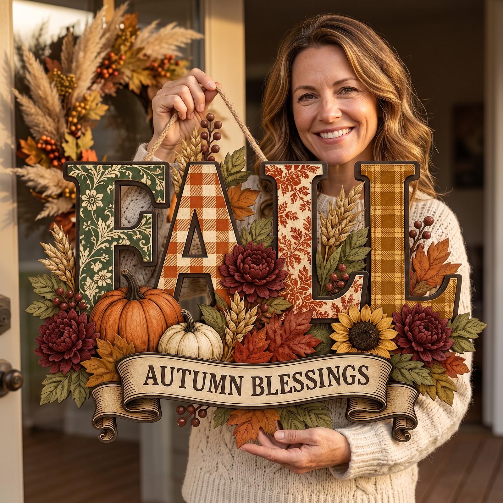 Autumn Blessings Pumpkin Sunflower Wood Fall Door Hanger Sign – Rustic Thanksgiving Wreath Decor for Front Door
