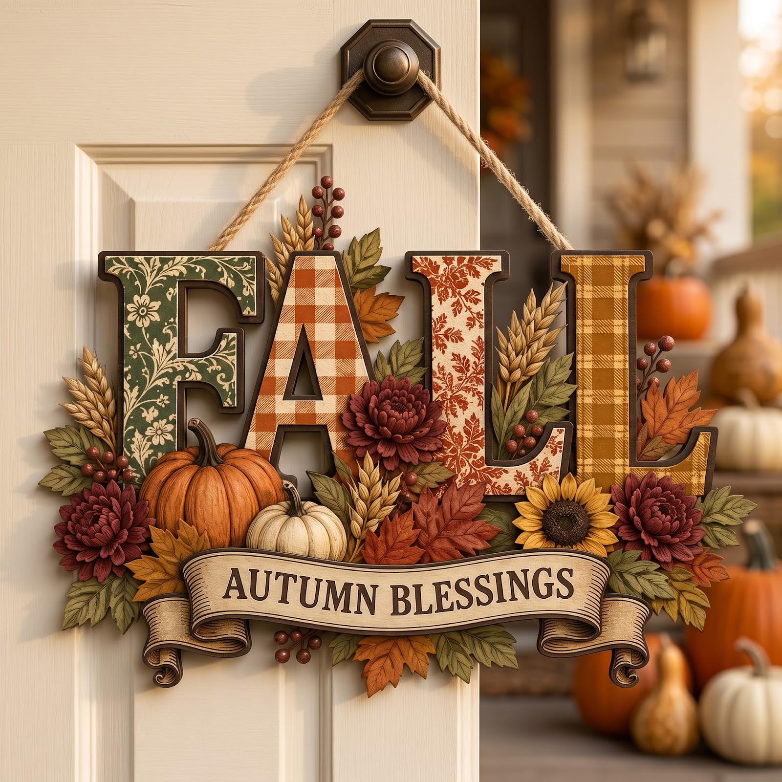 Autumn Blessings Pumpkin Sunflower Wood Fall Door Hanger Sign – Rustic Thanksgiving Wreath Decor for Front Door - photo 2
